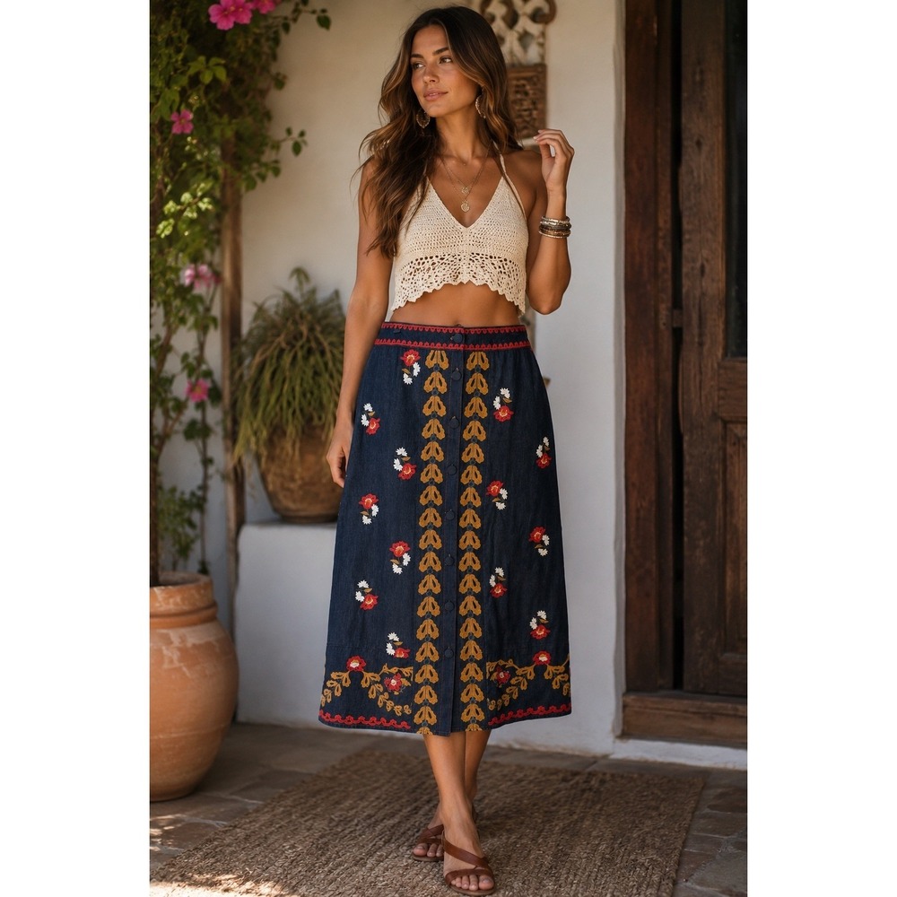 Elizabeth James The Label Denim Floral Embroidered Midi Skirt Blue Womens Large - Picture 3 of 11